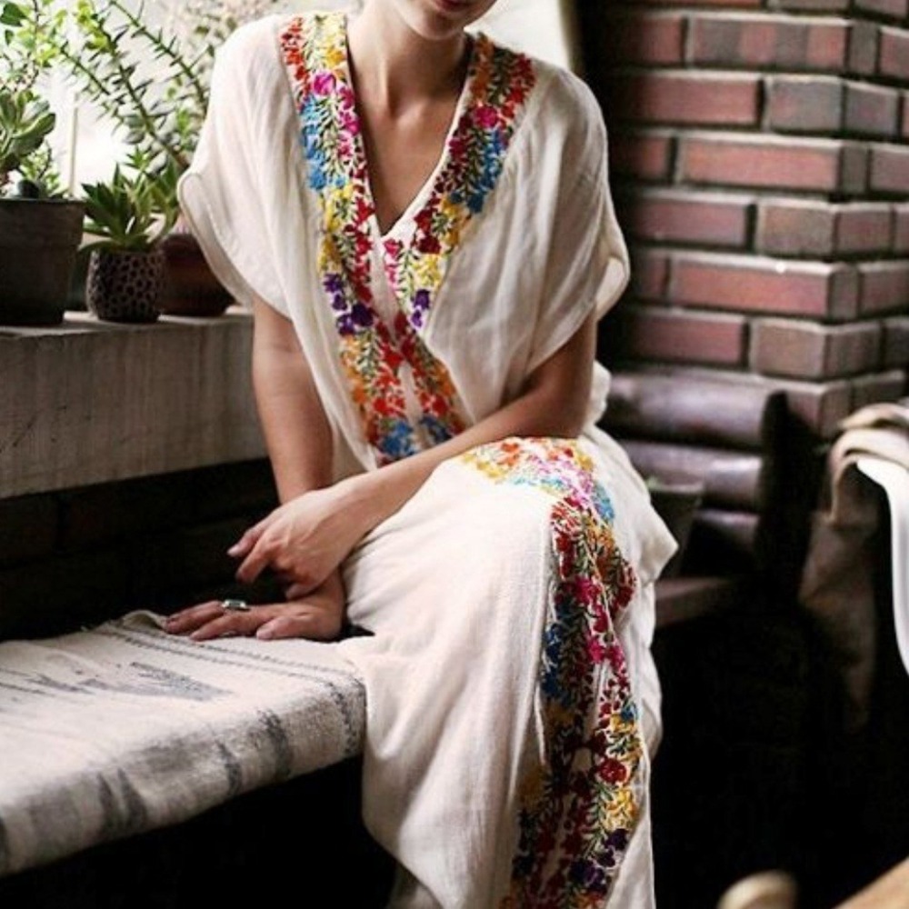 Jen's Pirate Booty Gauze Embroidered Kaftan Sz XS/S Ivory Multi Maxi Dress